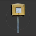 Yellow Weathered Mailbox On Metal Pole With Text And Logo