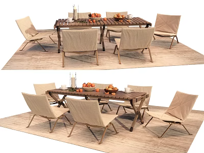 Outdoor Wooden Dining Table With Comfortable Chairs And Stylish Fruit Setting 3d model