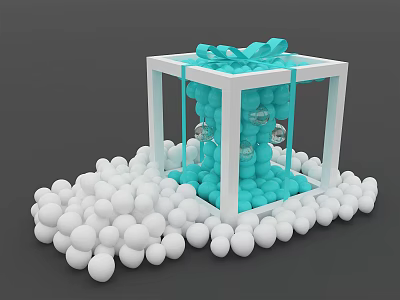 White Frame Cube With Blue Bow Containing Blue Inflatable Balls Surrounded By White Balls 3d model