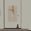 Serene Oriental Wall Decor With Textured Gray Surface and Yellow Branches on Minimalist Geometric Panel