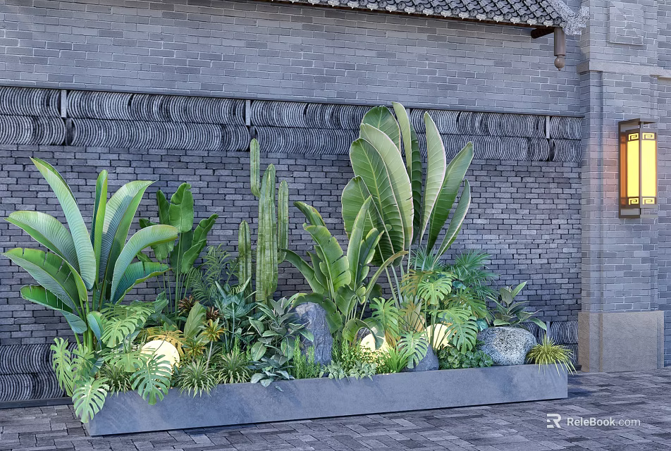 Lush Green Plants in Rectangular Planter with Carved Gray Brick Wall Stones and Bottom Lighting 3d model 