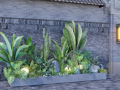 Lush Green Plants in Rectangular Planter with Carved Gray Brick Wall Stones and Bottom Lighting 3d model