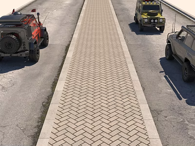 Road Infrastructure With Herringbone Paved Surface And Vehicles On Both Sides 3d model