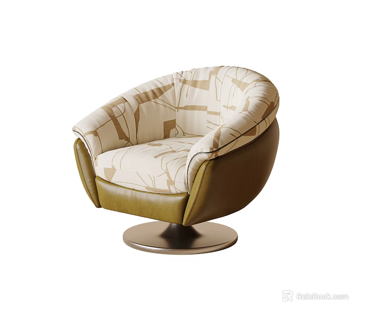 Stylish Leisure Chair with Beige Green Geometric Pattern Fabric and Leather Trim Swivel Metal Base 3d model 