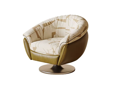 Stylish Leisure Chair with Beige Green Geometric Pattern Fabric and Leather Trim Swivel Metal Base 3d model