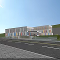 Modern School Building With White Exterior Colorful Stripes And Trees Near Entrance Zebra Crossing
