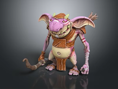 Smiling Fantasy Creature With Pink Skin Large Ears Horns Brown Armor Holding Staff Standing 3d model