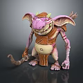 Smiling Fantasy Creature With Pink Skin Large Ears Horns Brown Armor Holding Staff Standing