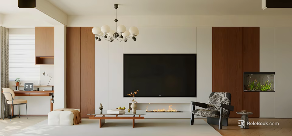 Modern TV Wall Interior With White Wooden Panel Fireplace Chandelier Armchair And Coffee Table 3d model 