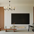 Modern TV Wall Interior With White Wooden Panel Fireplace Chandelier Armchair And Coffee Table