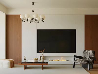 Modern TV Wall Interior With White Wooden Panel Fireplace Chandelier Armchair And Coffee Table 3d model