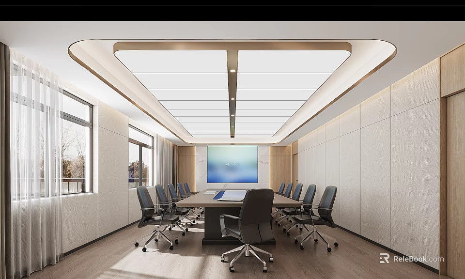 Modern Conference Room Interior Design With Large Table Multiple Chairs Digital Display And Windows 3d model 