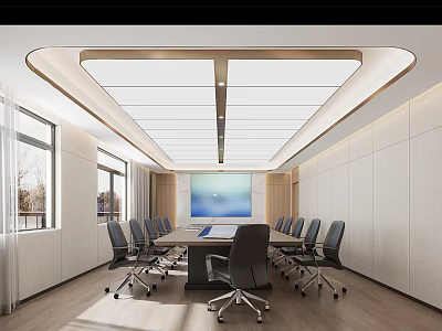 Modern Conference Room Interior Design With Large Table Multiple Chairs Digital Display And Windows 3d model