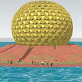 Golden Spherical Building With Red Base Surrounded By Water And People