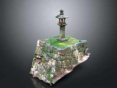 Rustic Stone Lantern On Moss Covered Ancient Stone Wall Structure 3d model