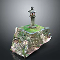 Rustic Stone Lantern On Moss Covered Ancient Stone Wall Structure