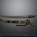 Antique Decorative Weapon With Curved Blade Ornate Hilt And Golden Patterned Scabbard