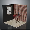 Modern Interior Scene With Red Brick Wall Window Small Table Kettle And Red Cloth