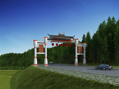 Traditional Chinese Archway with Classic Roof Red Lanterns Along Green Forest Road with Cars 3d model