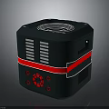 Dark Green Cube Electronic Device Featuring Red Stripe Top Ventilation Grill And Control Buttons 3d model