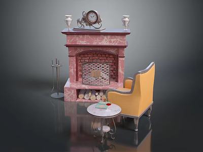 Pink Marble Fireplace With Vases Clock Floor Lamp Yellow Armchair And Small Round Table 3d model