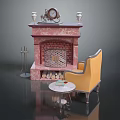 Pink Marble Fireplace With Vases Clock Floor Lamp Yellow Armchair And Small Round Table
