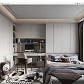 Modern Tatami Bedroom Interior With Desk Chair Wardrobe And Window Curtains