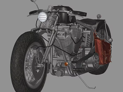 Highly Detailed Motorcycle Design With Headlight Engine And Leather Bag 3d model