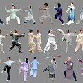 Group Of People Practicing Tai Chi In Various Postures 3d model