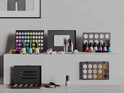Perfume And Cosmetics Display With Eyeshadow Palettes Nail Polishes Lipsticks And Makeup Brushes 3d model