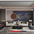 New Chinese Style Living Room Sofa Coffee Table Combination Multi-person Sofa Leisure Chair Curtain Sofa Stool Background Wall 3d model