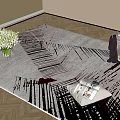 Square Area Rug With Abstract Black White Red Lines On Wooden Floor Vase Magazine Blinds