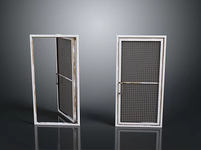 Display Of White Framed Mesh Doors With Open And Closed Panels 3d model
