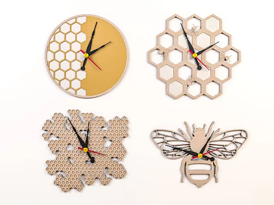 Creative Wooden Clocks with Various Shapes Including Honeycomb Snowflake and Bee Design 3d model