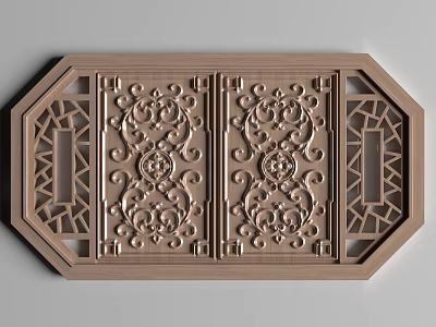 Traditional Wooden Carved Window With Intricate Symmetrical Patterns And Octagonal Frame 3d model
