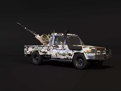 Tactical Camouflage Military Truck With Mounted Weapon On Off Road Bed 3d model