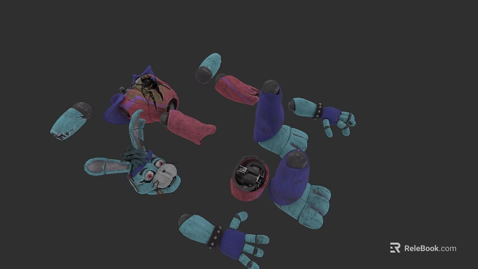 Disassembled 3D Robot Character Model with Rabbit Head Purple Red Blue Parts on Grey Background 3d model 