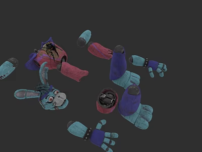 Disassembled 3D Robot Character Model with Rabbit Head Purple Red Blue Parts on Grey Background 3d model
