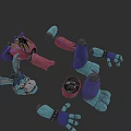 Disassembled 3D Robot Character Model with Rabbit Head Purple Red Blue Parts on Grey Background