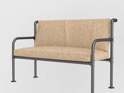 Sturdy Public Bench with Black Metal Frame Beige Textured Cushion and Armrests 3d model
