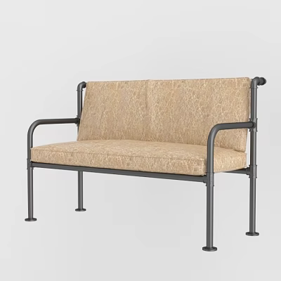 Sturdy Public Bench with Black Metal Frame Beige Textured Cushion and Armrests 3d model
