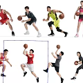 Group of People Playing Basketball in Various Dynamic Poses and Sportswear