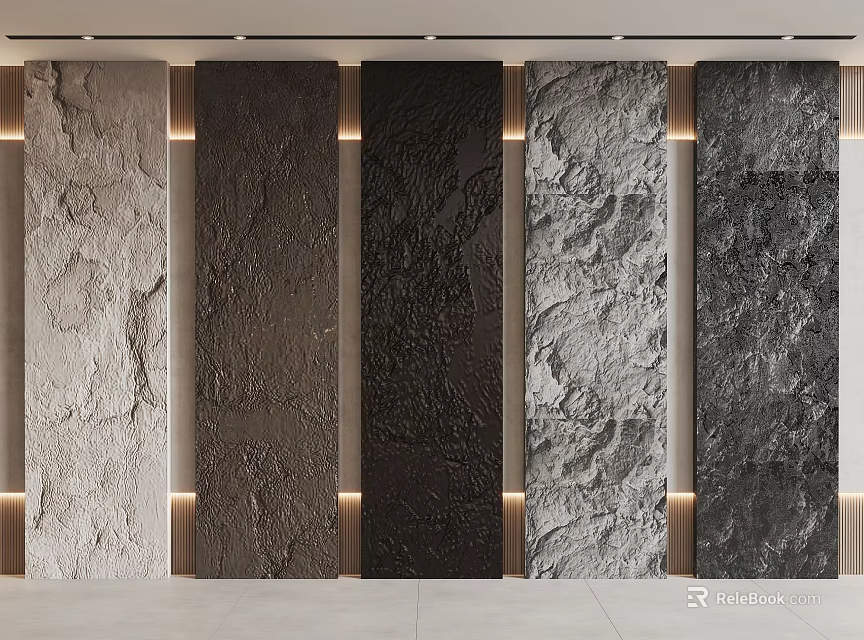 Modern Background Wall Design With Diverse Textured Panels Neutral Tones And Recessed Lighting 3d model 