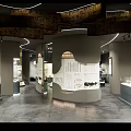 Indoor Exhibition Hall Featuring Carved Columns Gray Floor Curved White Lighting and Display Exhibits