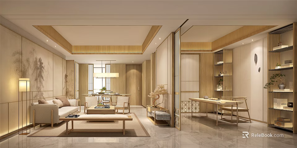 Modern Living Dining Room Interior With Wooden Sofa Coffee Table And Chandelier 3d model 