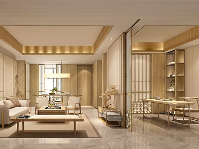 Modern Living Dining Room Interior With Wooden Sofa Coffee Table And Chandelier 3d model