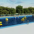 Water Amusement Equipment Featuring Yellow Duck Paddle Boats Blue Pavilions And Sun Umbrellas In Pool