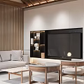 Modern Natural Living Room Interior With Wooden Ceiling Light Sofa TV Cabinet And Wall Paintings