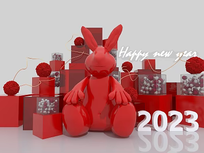 Vibrant Red Rabbit Photo Check In Spot With Cubes Happy New Year 2023 Decorations 3d model