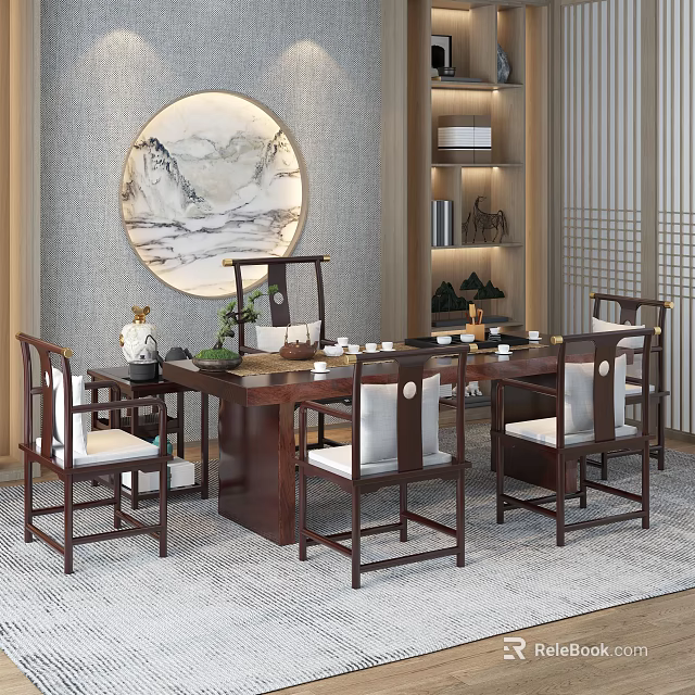 Chinese Style Wooden Tea Table and Chairs with Tea Set Decorative Painting and Bookshelf 3d model 